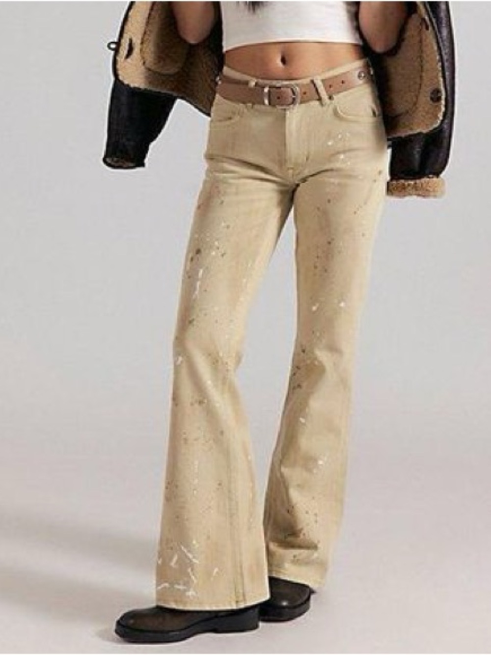 Free People West Coast Relaxed Flare Jeans Antique Ecru NWT Splattered